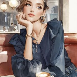 カフェで寛ぐ女性の水彩画_01