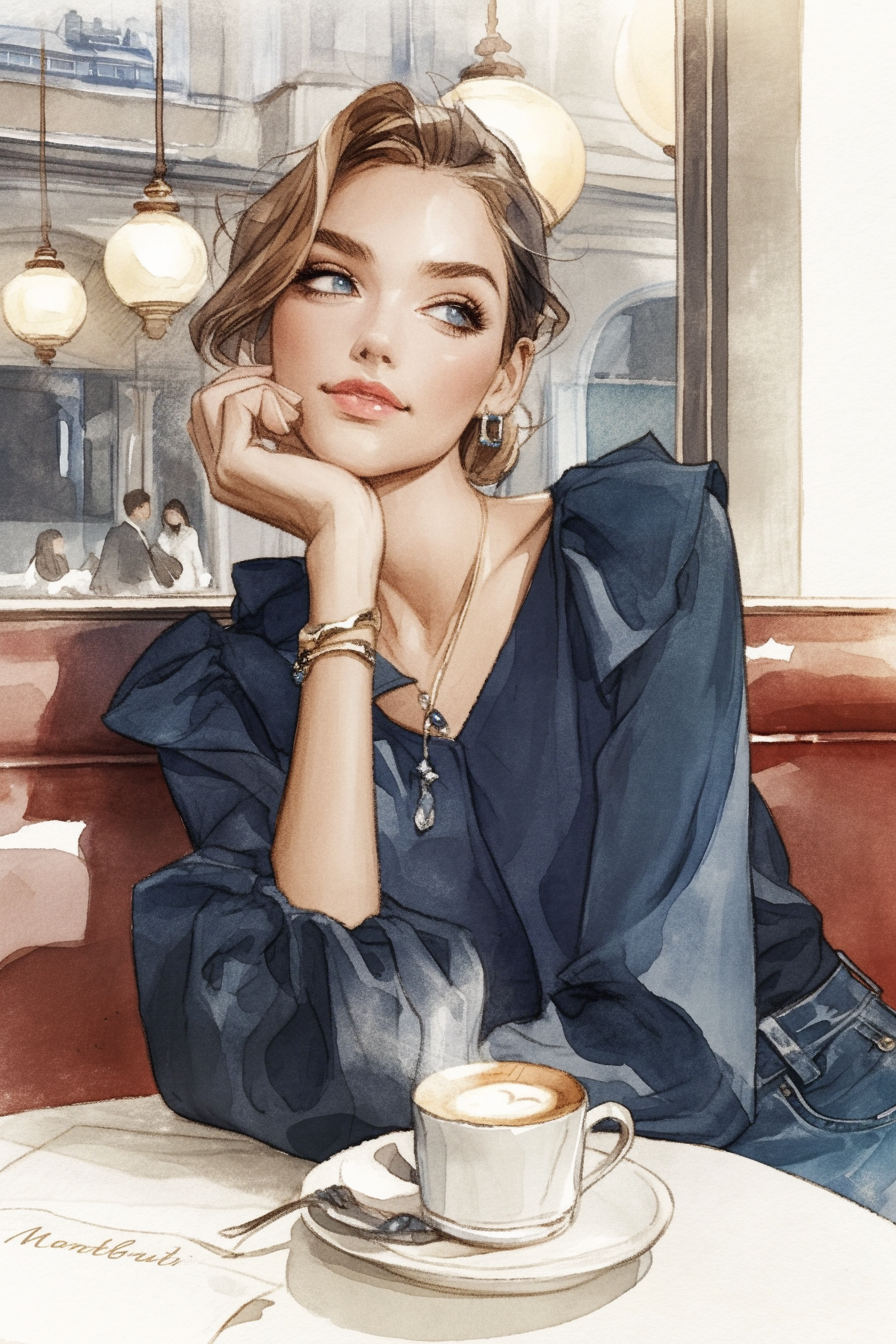 カフェで寛ぐ女性の水彩画_01