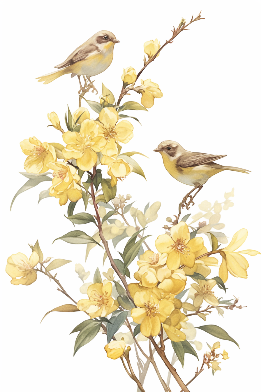 蝋梅と鶯の水彩画